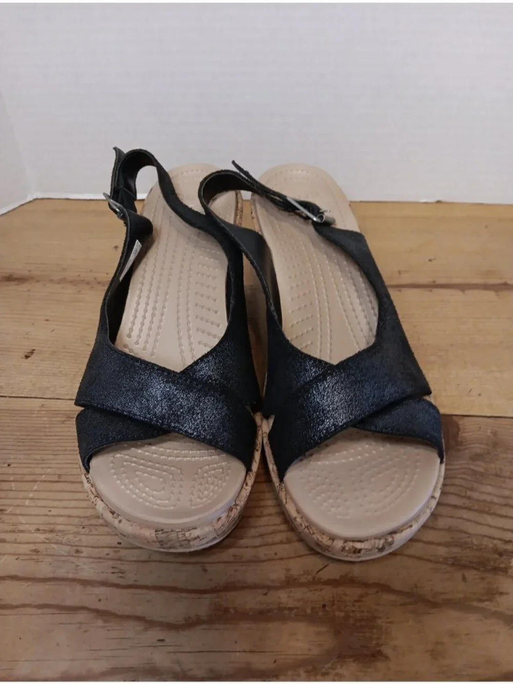 Crocs A-Leigh Sandals Womens 9 Black Shimmer Suede Leather Slingback 3.25